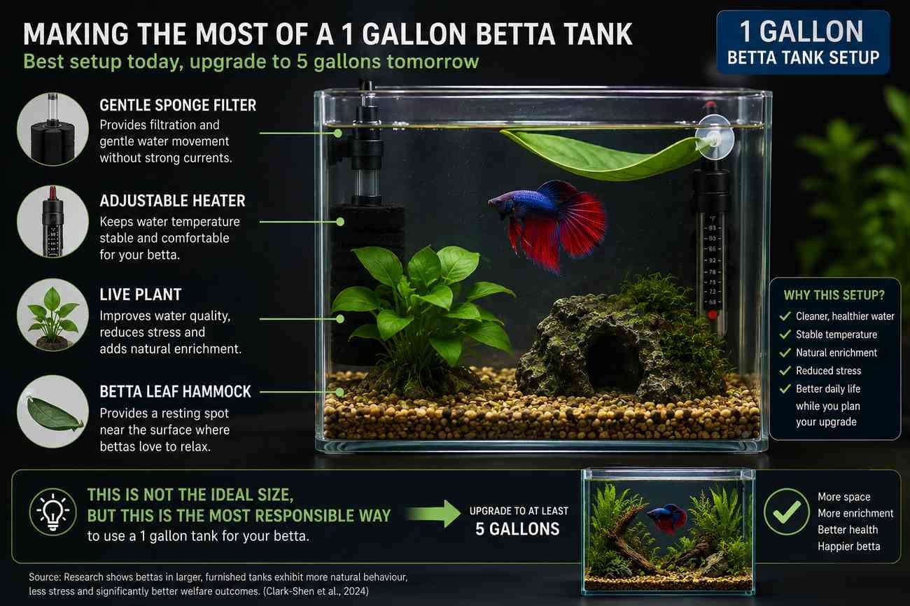 1 gallon betta tank with sponge filter heater live plant and betta leaf hammock