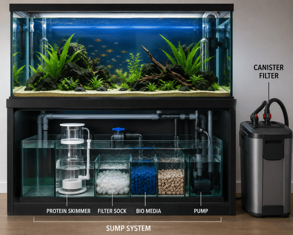 Canister filter and sump filtration system designed to maintain clean, healthy water in a 100 gallon fish tank.