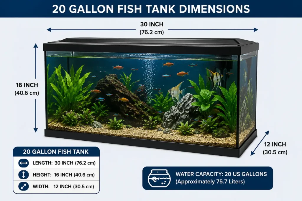 20 gallon fish tank dimensions showing 30 inch length, 12 inch width and 16 inch height