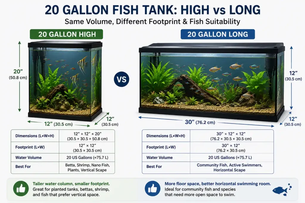 20 gallon fish tank high vs long comparison showing different dimensions, footprints and fish suitability