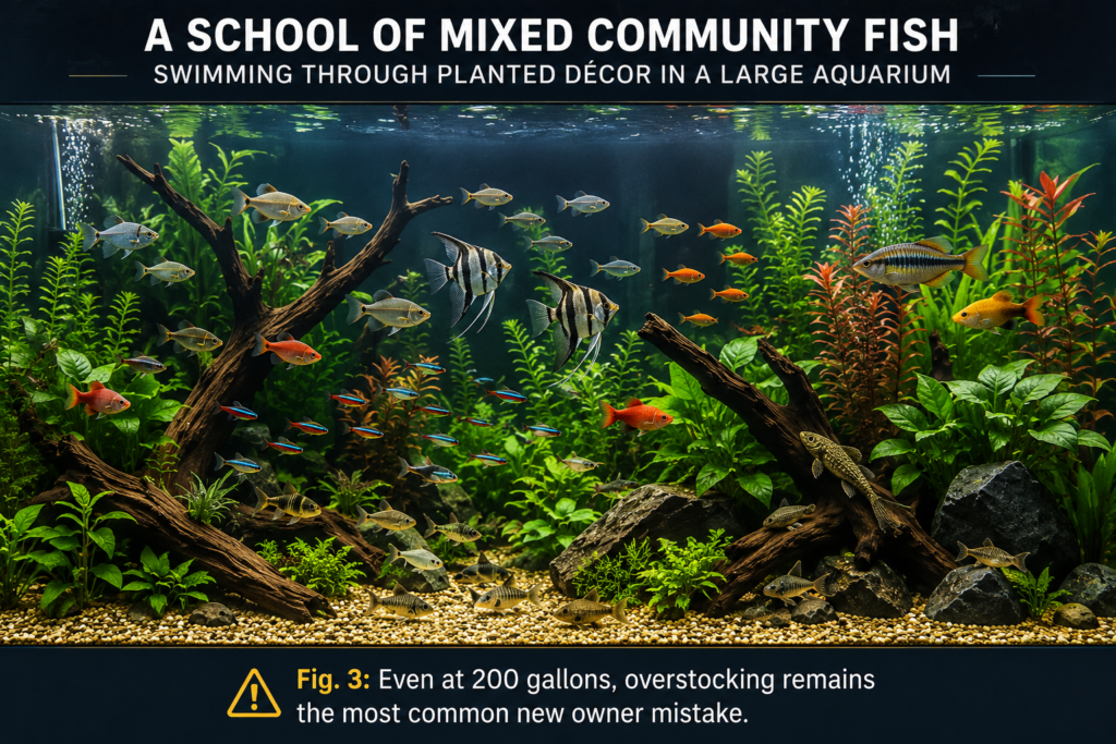 Mixed community fish swimming through plants and driftwood in a large 200 gallon aquarium