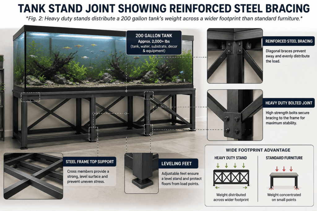 Heavy duty 200 gallon fish tank stand with reinforced steel bracing and bolted joints