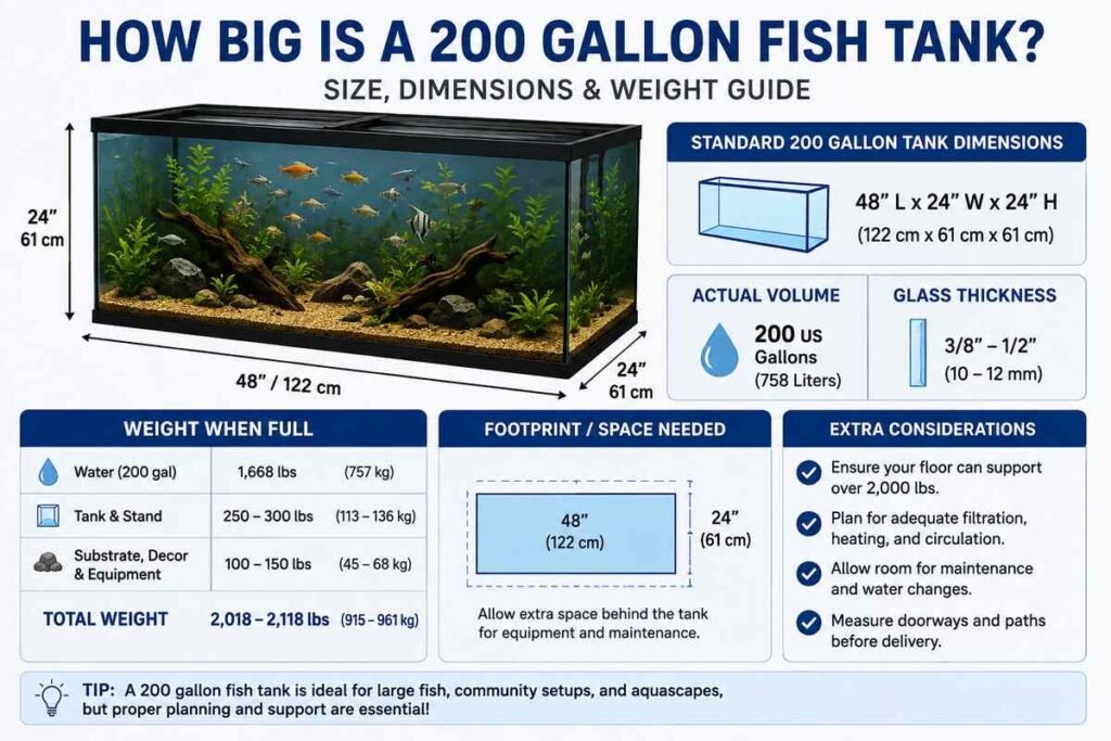 200 gallon fish tank showing dimensions, footprint, water volume and estimated full weight