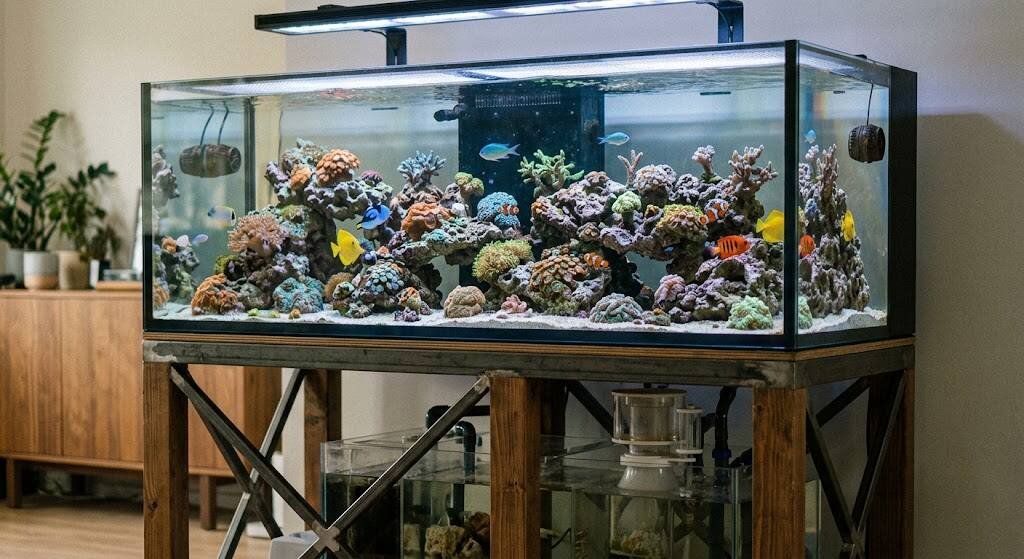 A salt-water reef aquarium with vivid coral and fish sitting on a reinforced wooden and steel stand.