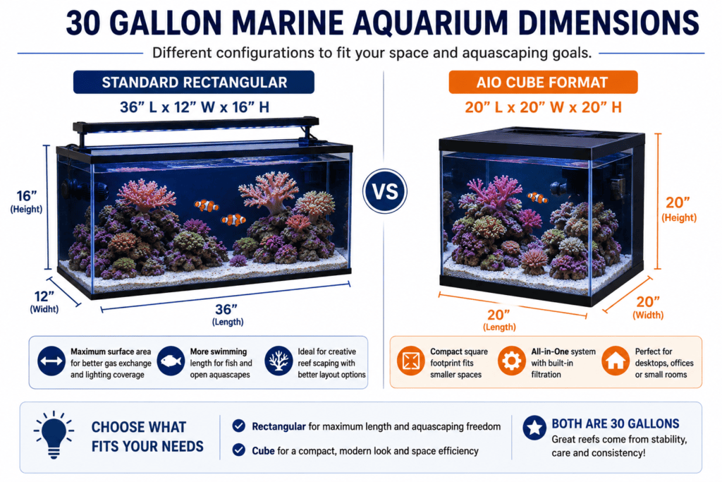 30 gallon marine aquarium dimensions showing rectangular and cube tank configurations