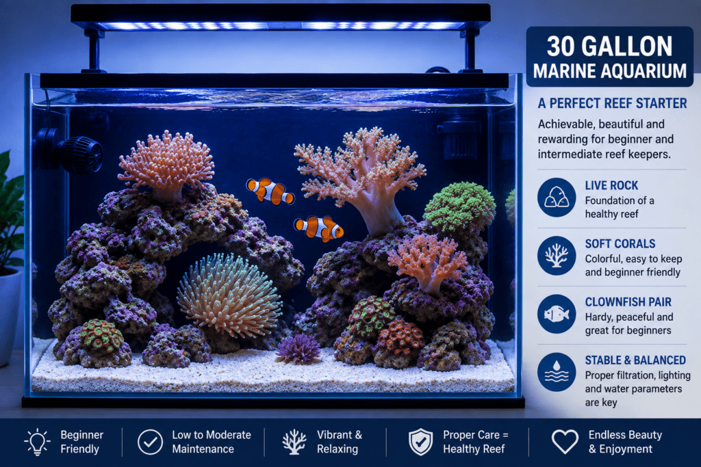 30 gallon marine aquarium with live rock soft corals and clownfish