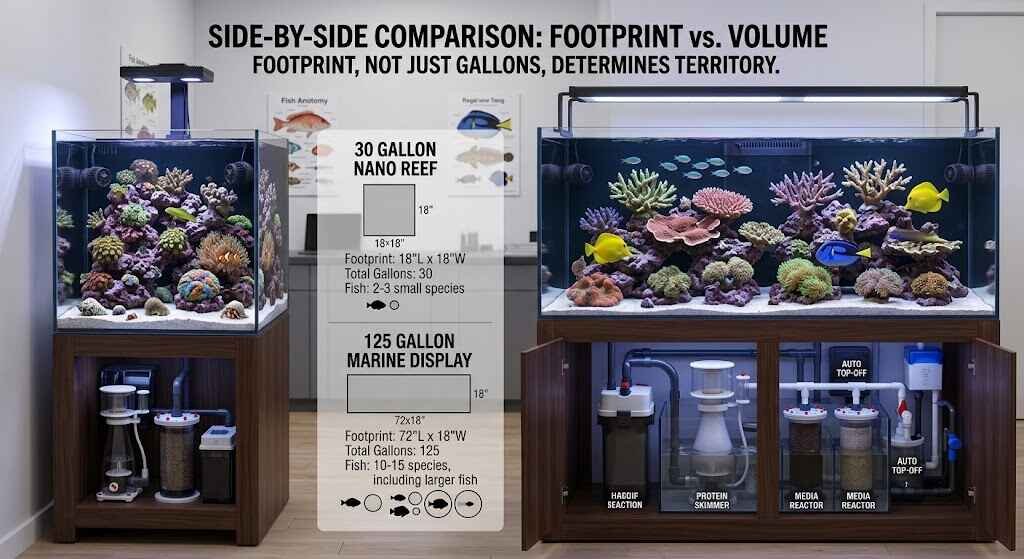Side-by-side comparison diagram of a 30-gallon nano reef tank and a 125-gallon marine display tank with open cabinet stands showing sump filtration.