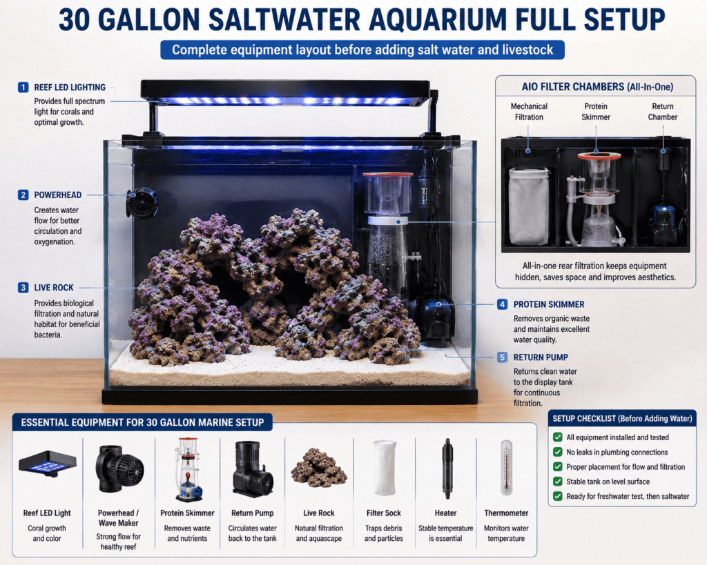 30 gallon saltwater aquarium full setup with live rock LED lighting protein skimmer and filtration