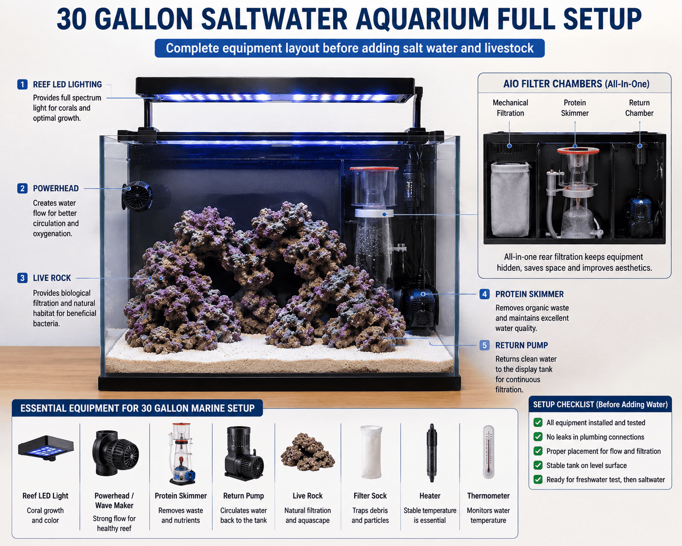 30 gallon saltwater aquarium full setup with live rock LED lighting protein skimmer and filtration