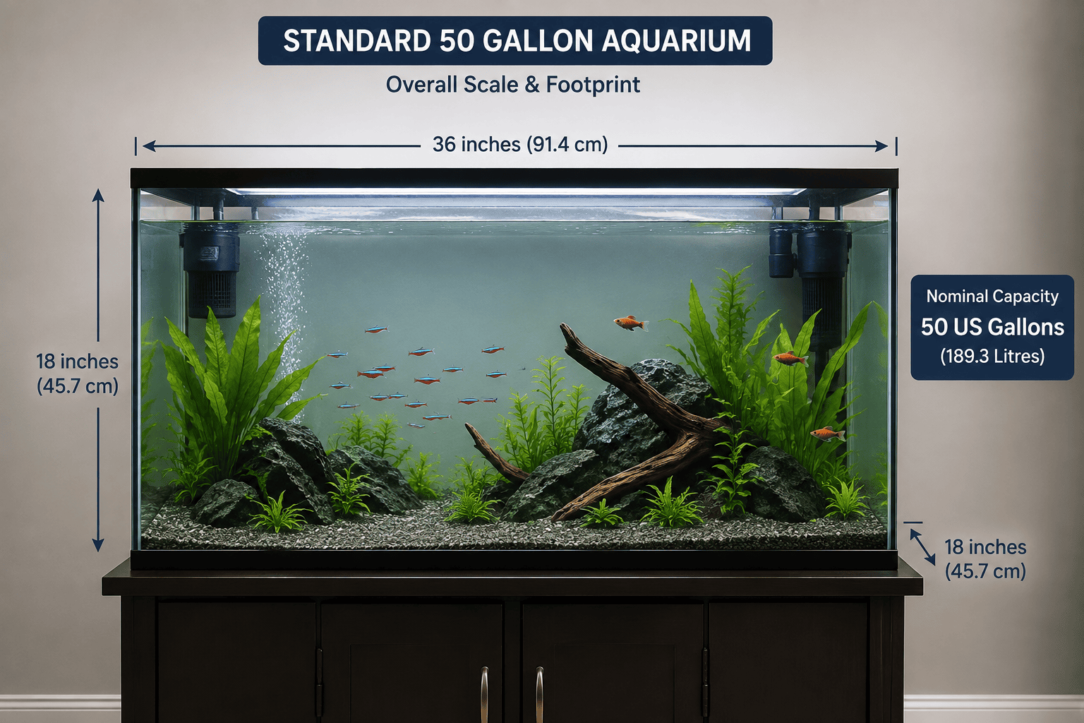 50 gallon fish tank showing overall aquarium scale, footprint and dimensions