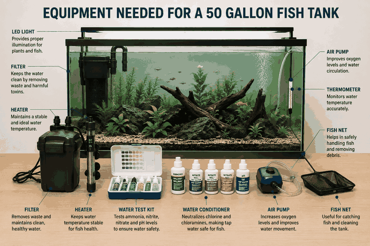 Essential equipment for a 50 gallon fish tank including filter, heater, LED light, air pump and water test kit