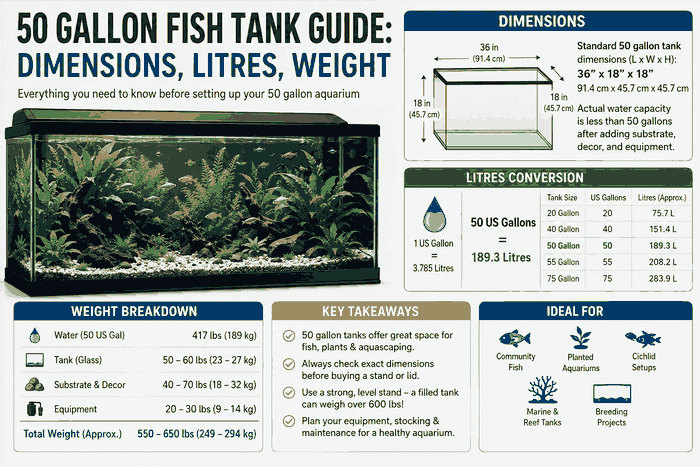 50 gallon fish tank guide showing aquarium dimensions, litres, weight and setup information