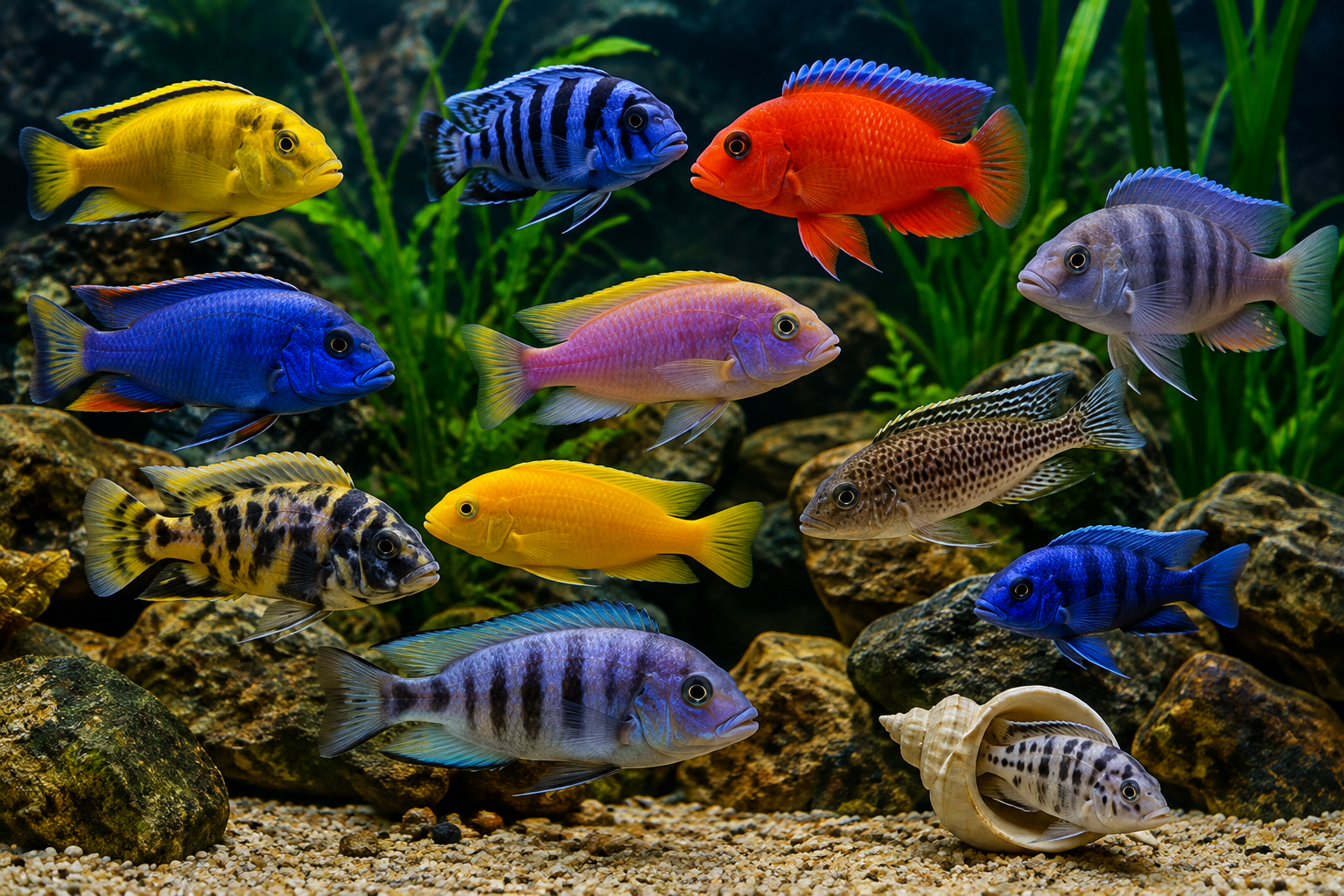 Colourful African cichlids representing Malawi, Tanganyika and Victoria types in a planted aquarium