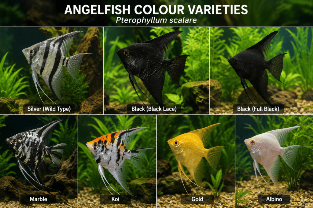 Angelfish colour varieties including silver, black, marble, koi, gold and albino Pterophyllum scalare