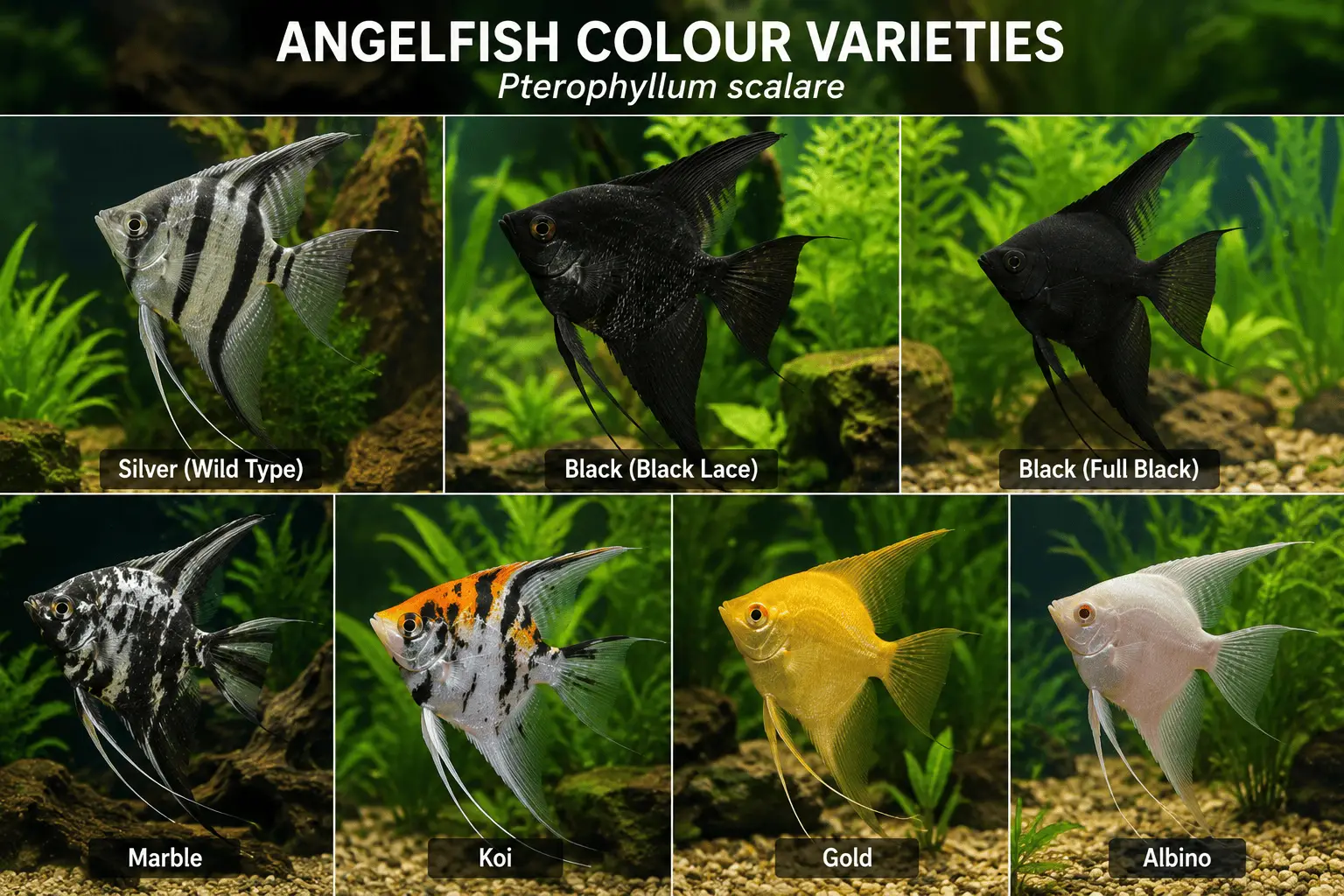 Angelfish colour varieties including silver, black, marble, koi, gold and albino Pterophyllum scalare