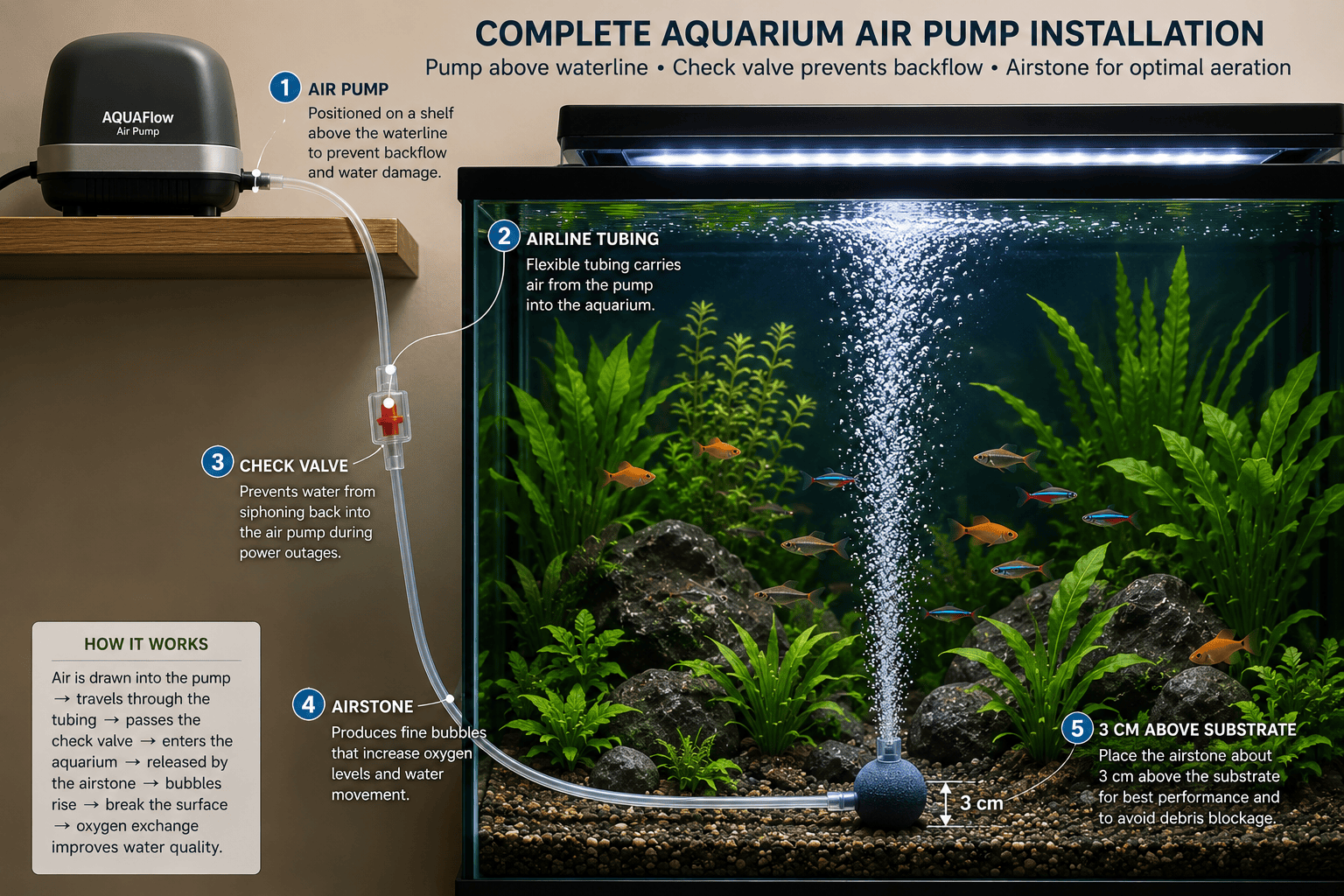 Aquarium air pump on a shelf above the waterline connected through a check valve to an airstone 3 cm above the substrate