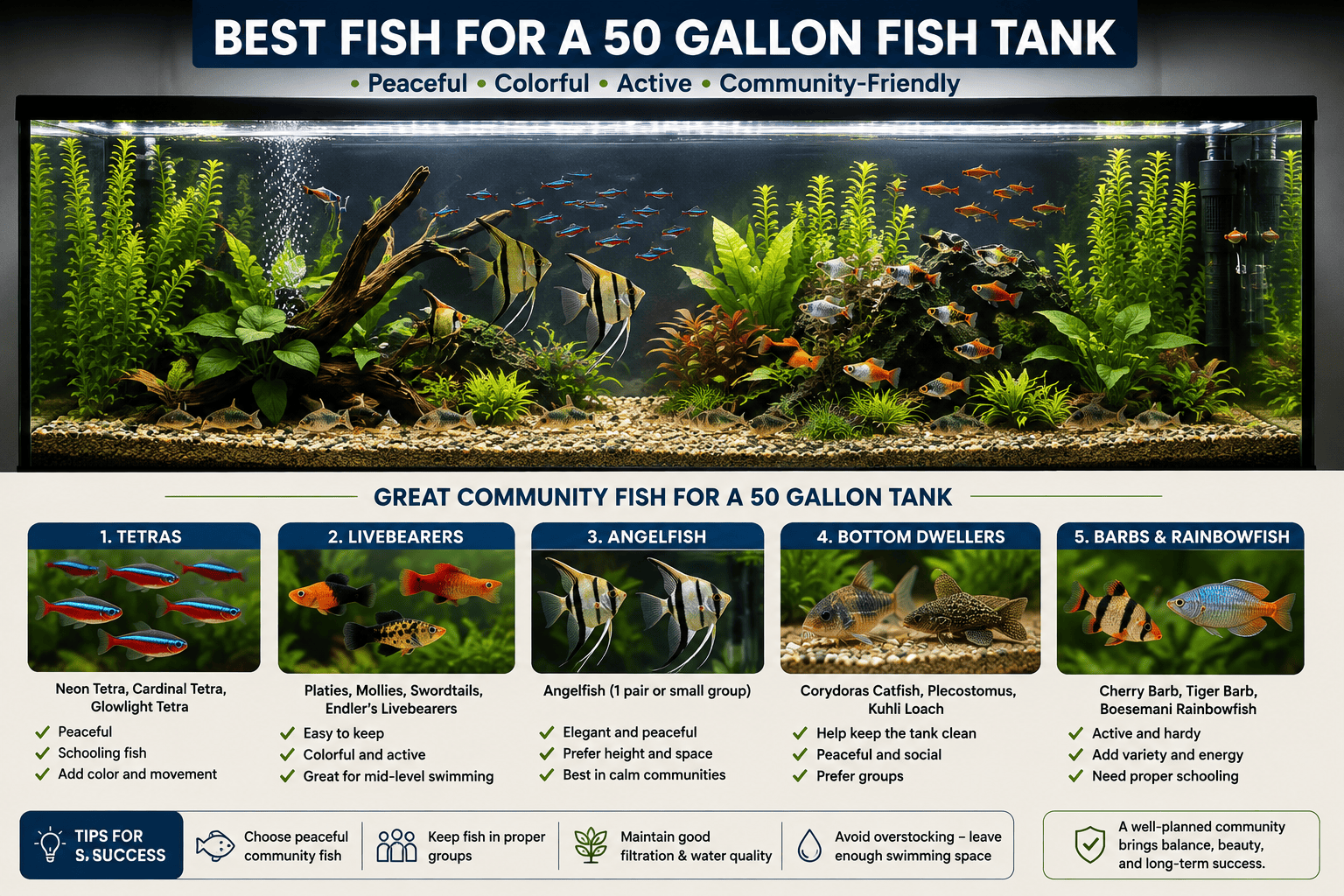Best fish for a 50 gallon fish tank including tetras, livebearers, angelfish, bottom dwellers and rainbowfish