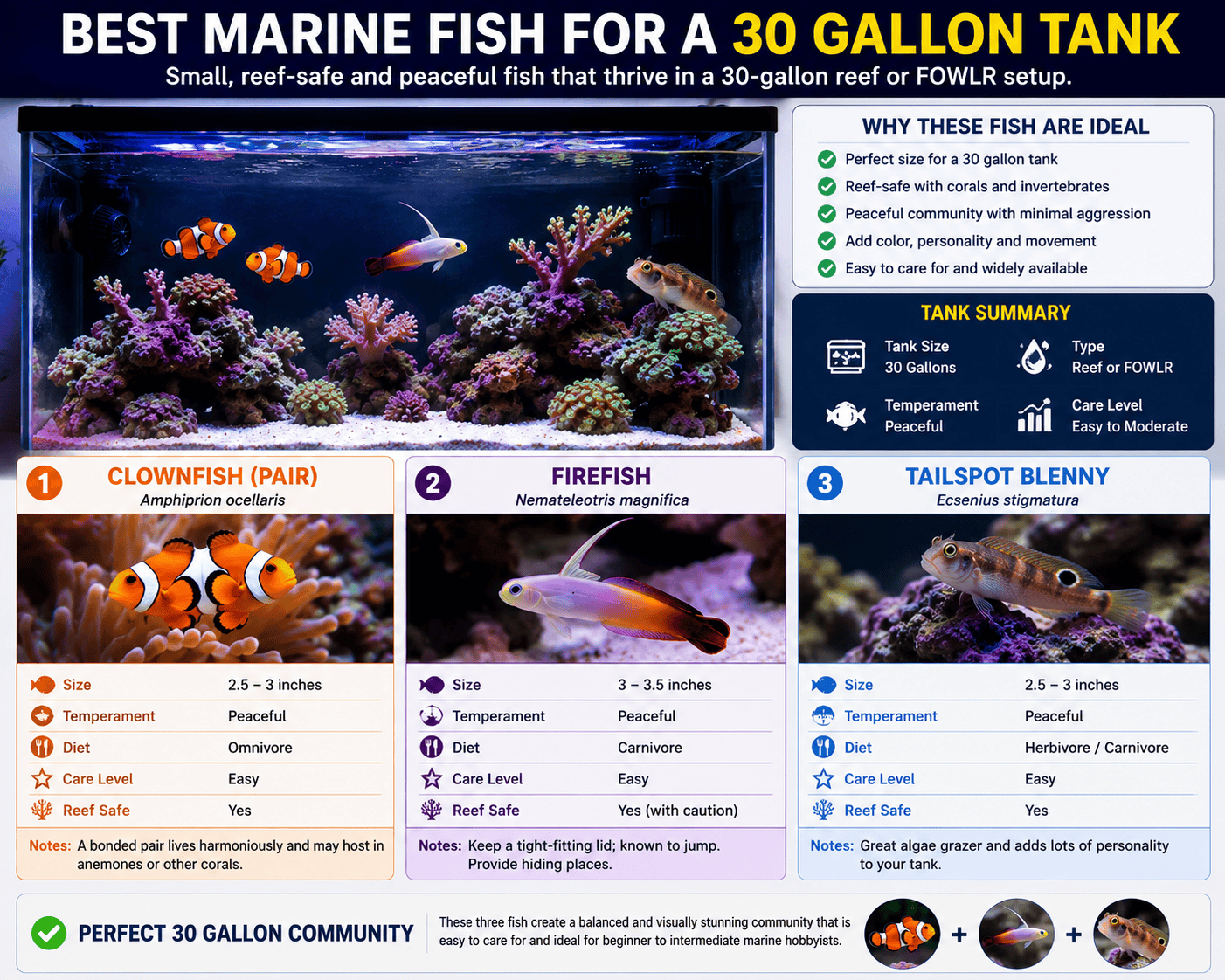 Best marine fish for a 30 gallon tank with clownfish firefish and tailspot blenny