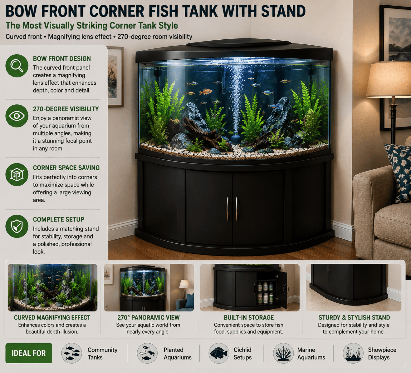 Bow front corner fish tank with curved glass panel, aquarium stand, plants, rocks and colorful fish