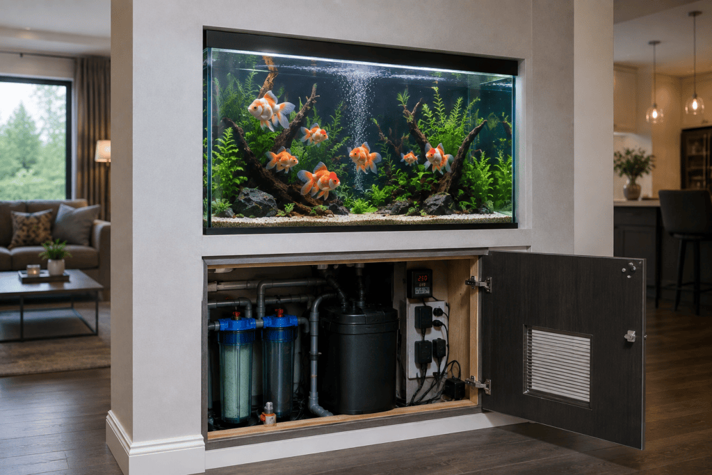 Built-in fish aquarium with accessible equipment panel for filters heaters and wiring
