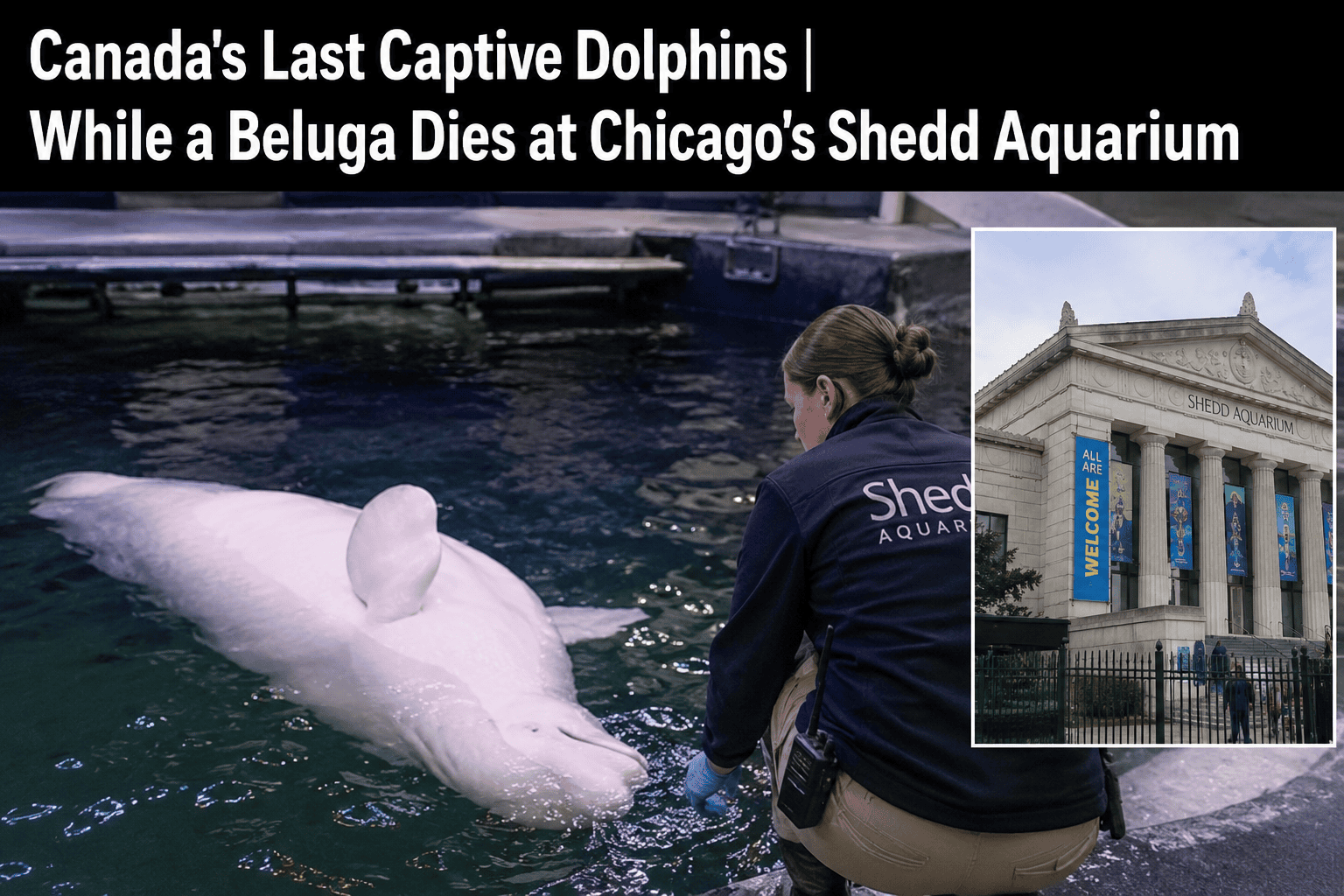Beluga whale at Chicago's Shedd Aquarium with a documentary-style scene about captive marine mammals