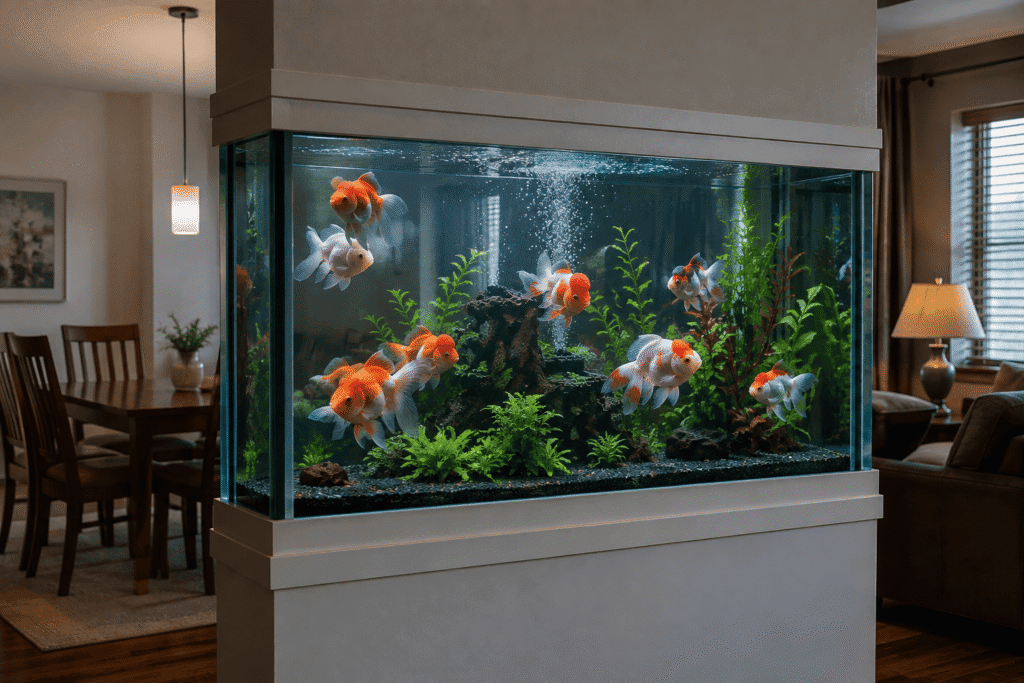 Double-sided fish tank built into a wall between two rooms