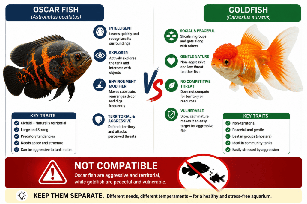 Oscar fish and goldfish comparison showing differences in behaviour and temperament