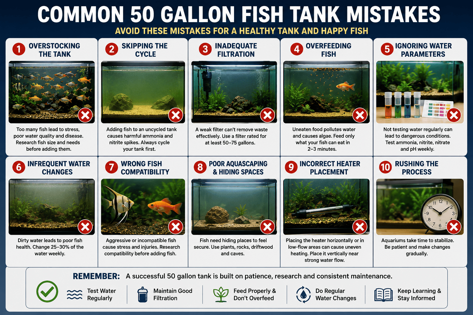 Common 50 gallon fish tank mistakes including overstocking, poor filtration, overfeeding and skipped cycling