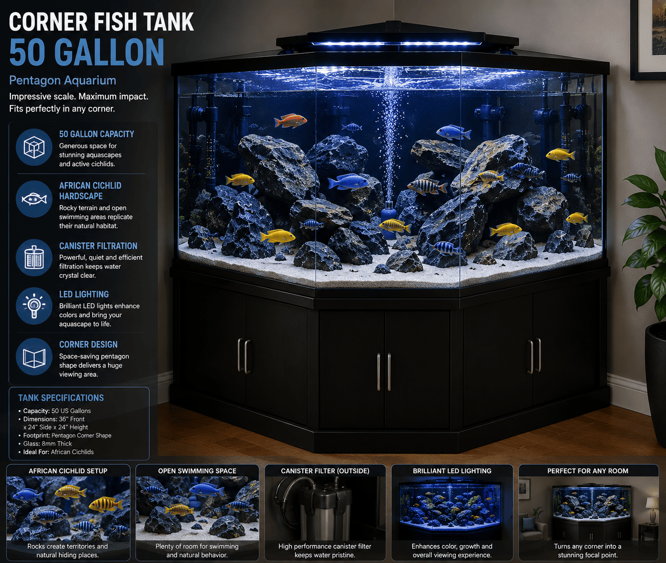 50 gallon corner fish tank with African cichlids, rocky hardscape, canister filter and LED lighting