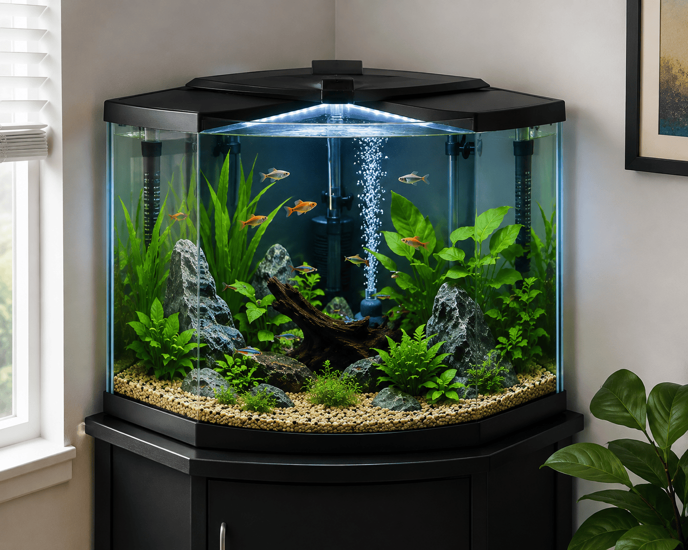 Corner fish tank aquarium with tropical fish, live plants, rocks, driftwood and filtration