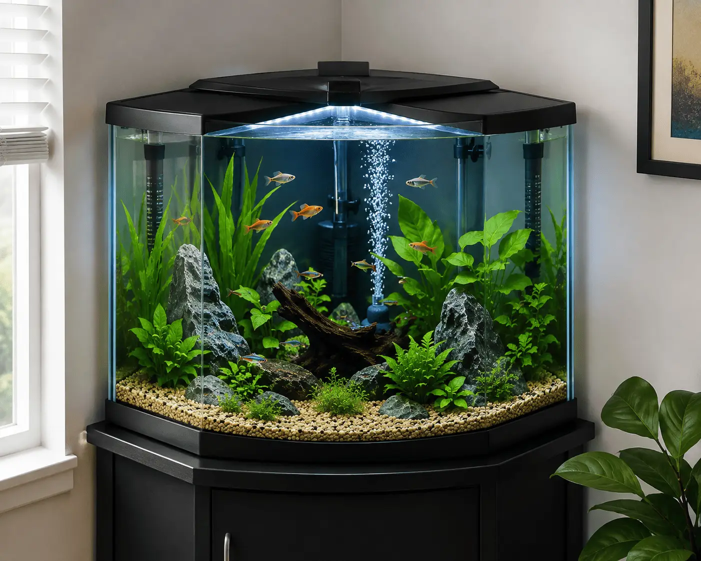 Corner fish tank aquarium with tropical fish, live plants, rocks, driftwood and filtration