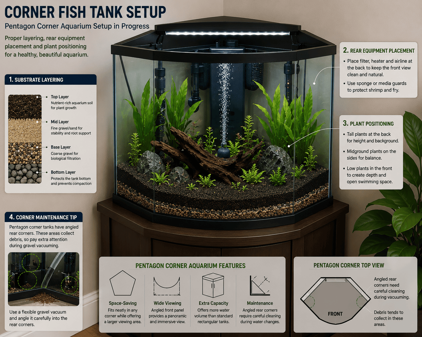 Pentagon corner fish tank setup with layered substrate, rear equipment, aquatic plants and angled corners