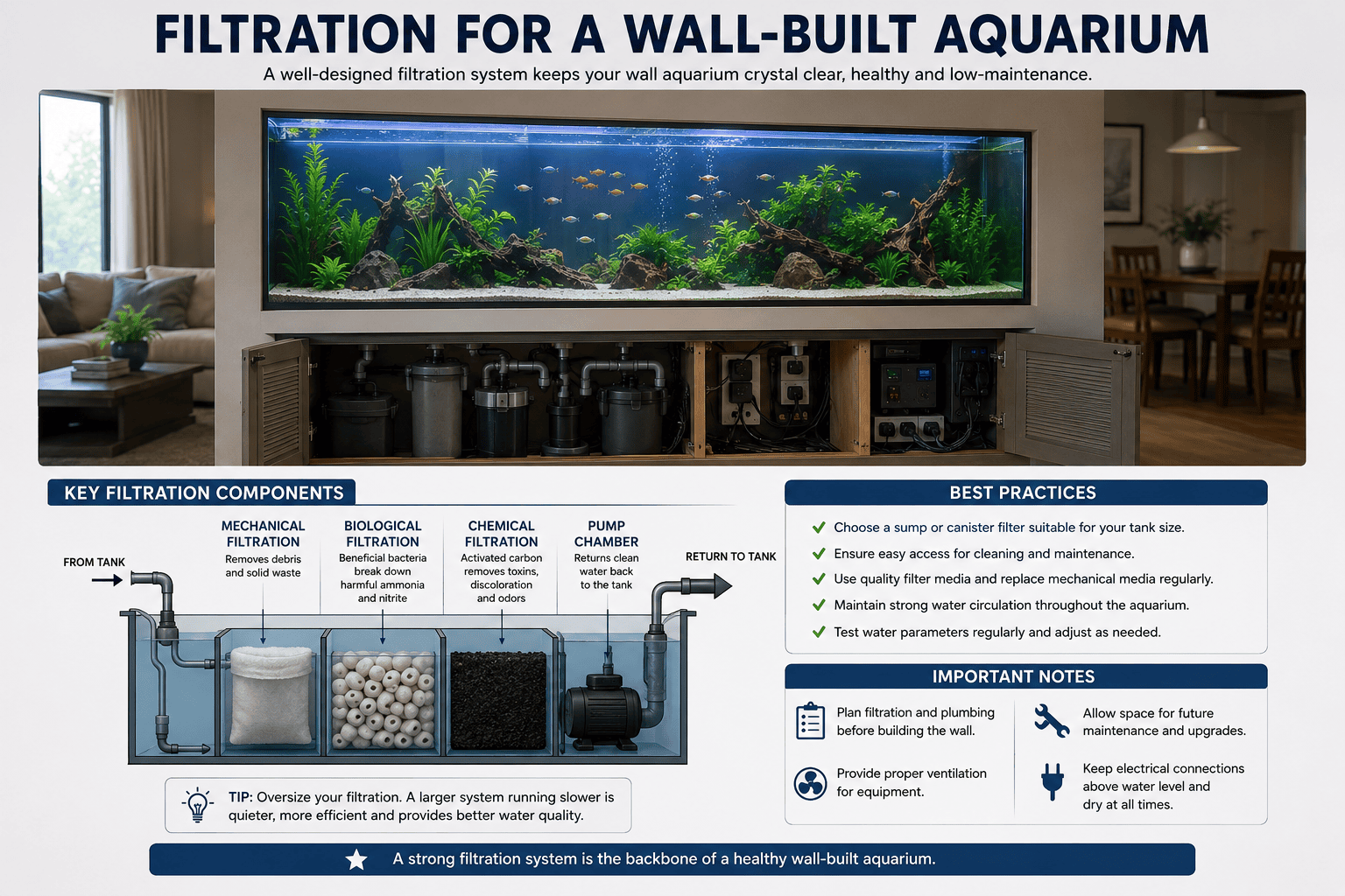 Filtration system for a wall-built aquarium with sump, filter media, pumps and equipment access