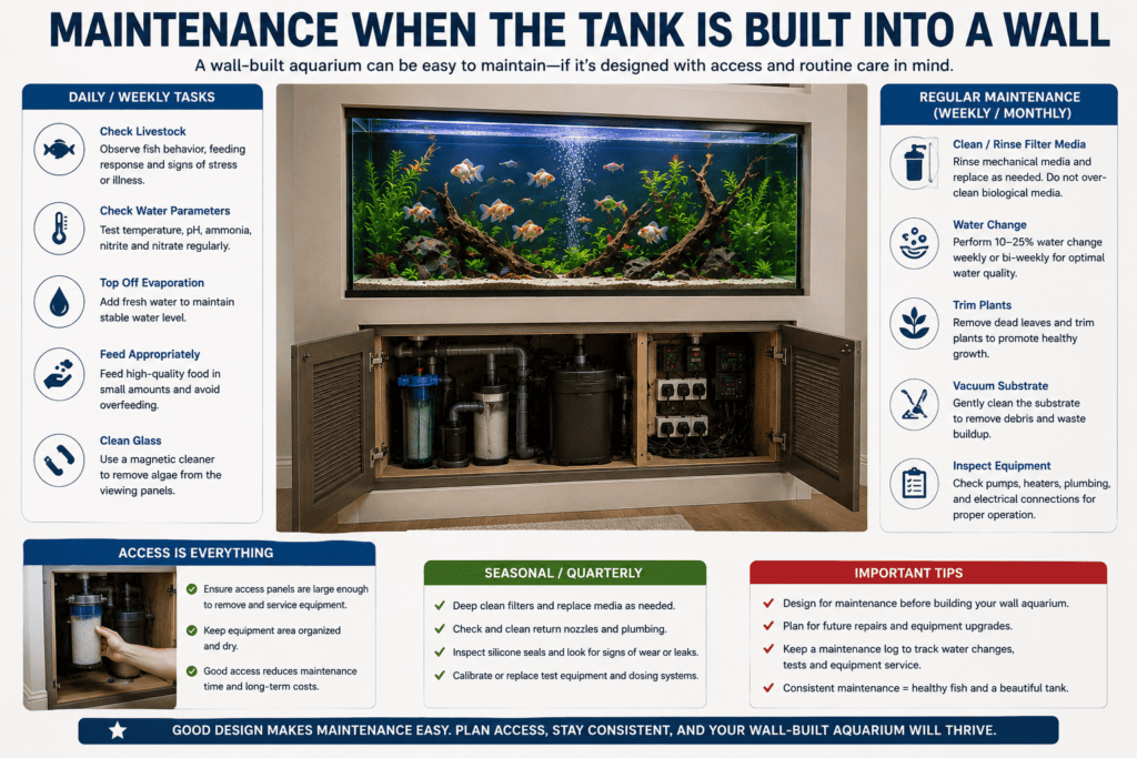 Maintenance guide for a fish aquarium built into a wall with filtration access and equipment