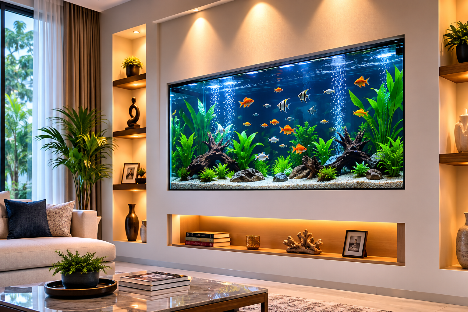 Fish aquarium built into a wall in a modern living room with aquatic plants and colourful fish