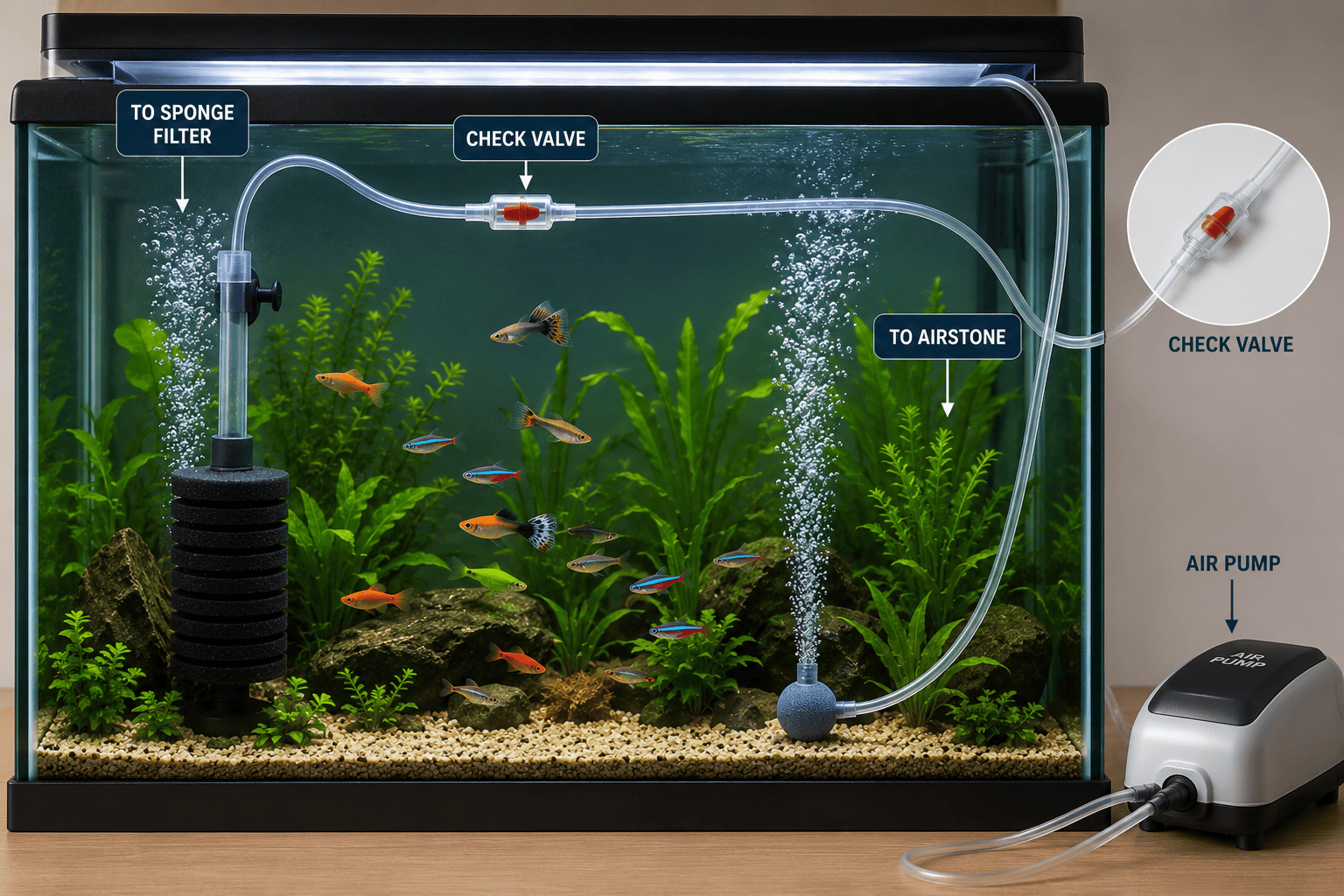 Fish tank aquarium air pump connected to a sponge filter, check valve, airline tubing and airstone