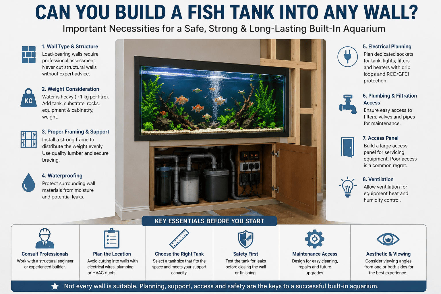 Fish tank built into a wall showing structural support, waterproofing, filtration and equipment access