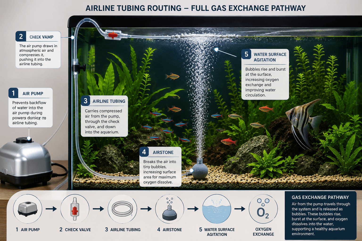 Fish tank air pump connected to airline tubing, check valve and airstone for aquarium aeration