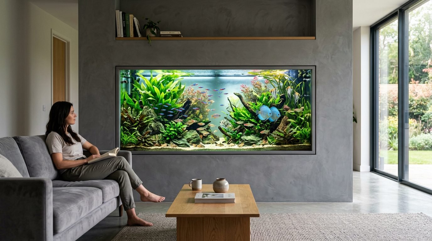 A modern built-in wall fish aquarium filled with colorful saltwater fish and vibrant coral reefs, featuring an open cabinet below showing the complex filtration system, pumps, and plumbing setup.