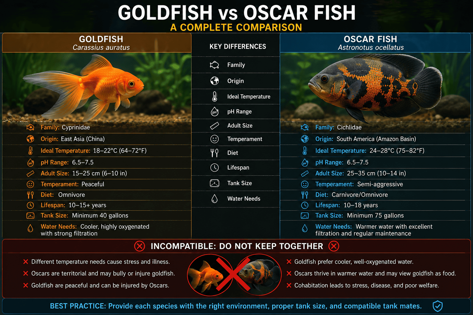 Goldfish and Oscar fish comparison showing differences in size temperature habitat and compatibility