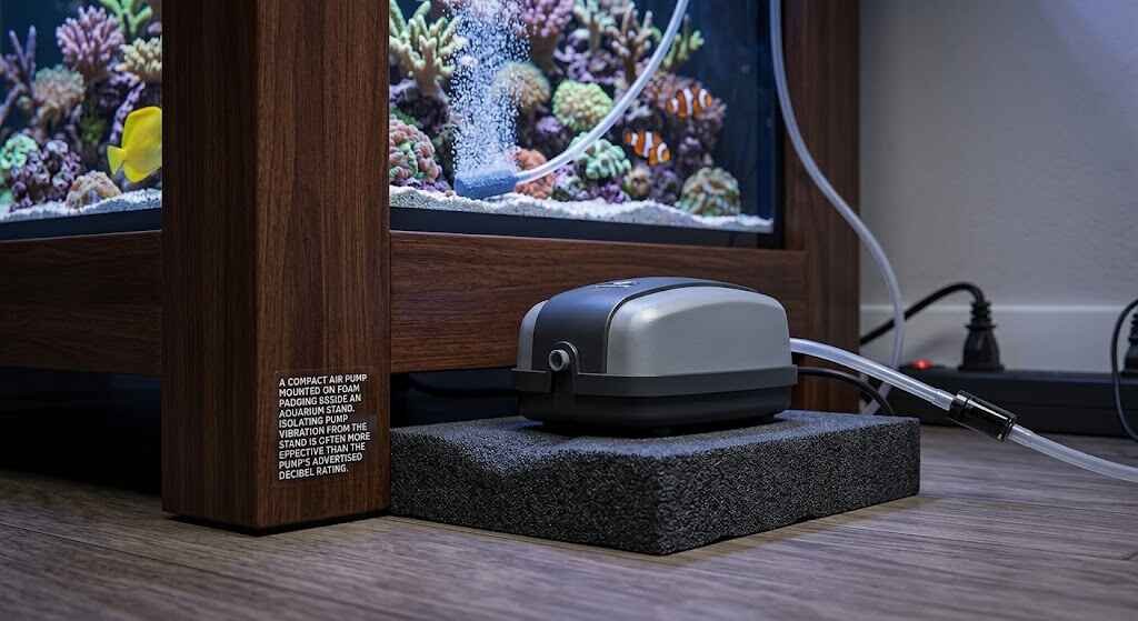 An air pump for an aquarium, sitting on a piece of dark foam padding next to a wooden tank stand. The pump is black and grey, and clear tubing connects it to the tank where bubbles are rising. The tank is a reef tank with corals and clownfish.