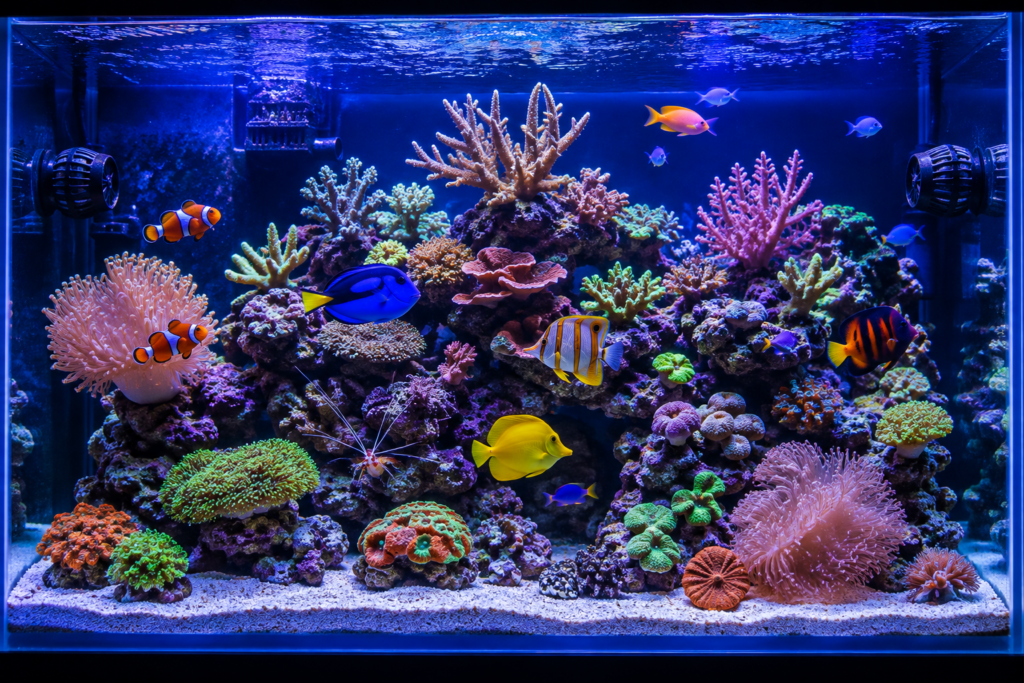 Marine fish swimming among live rock and coral in a large saltwater aquarium