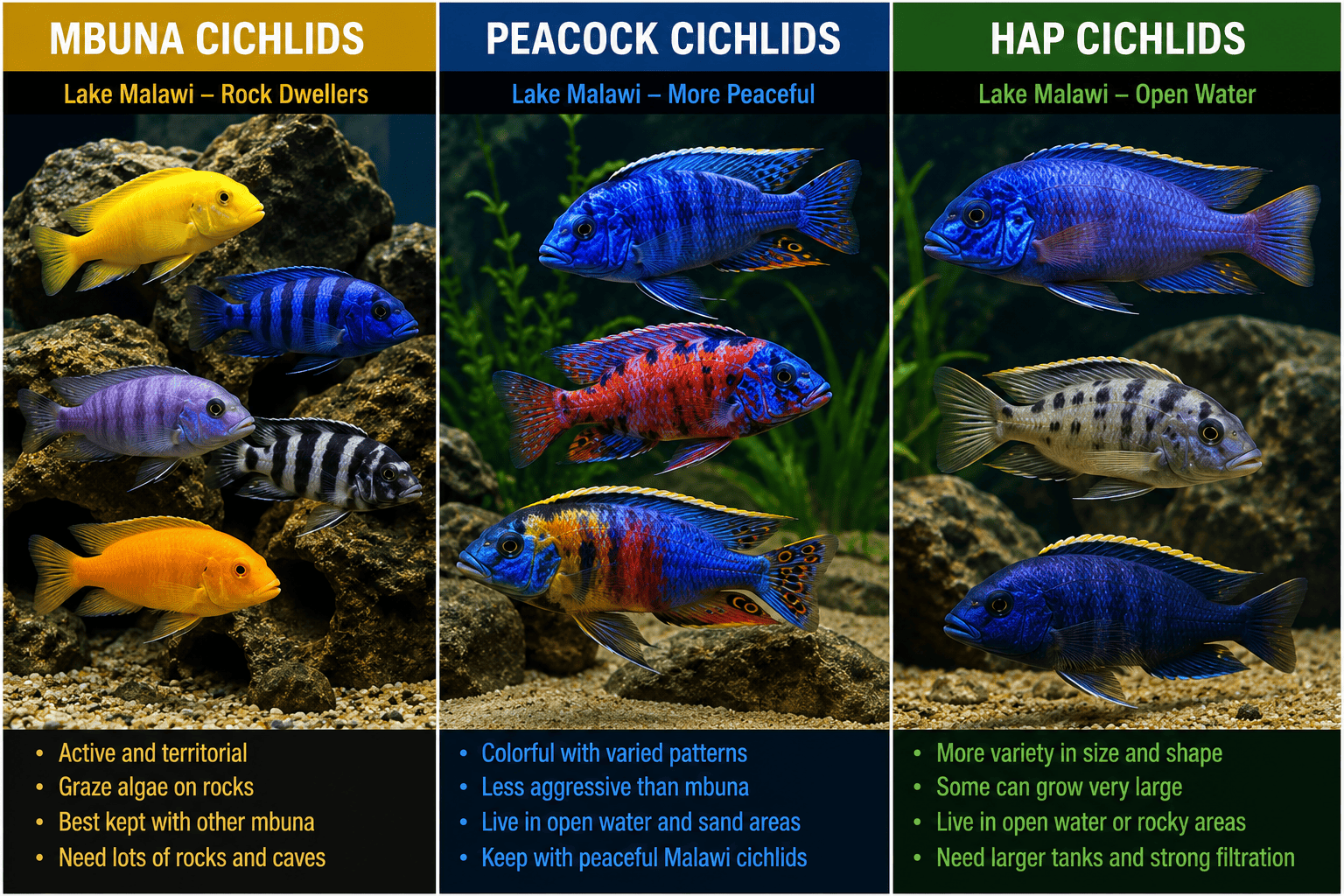 Mbuna, peacock and hap African cichlids shown in three separate aquarium panels