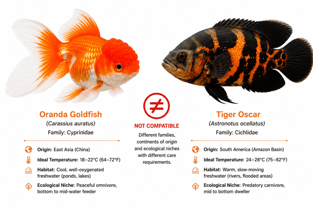 Oranda goldfish and Tiger Oscar fish comparison showing different families, habitats and temperature needs
