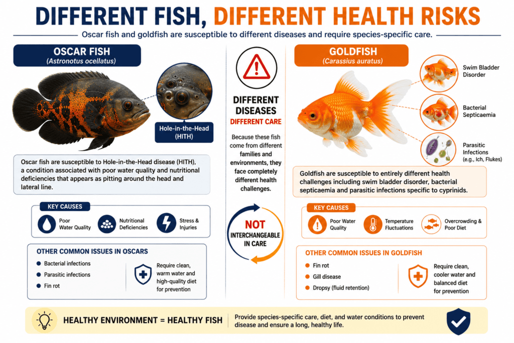 Oscar fish with Hole-in-the-Head disease compared with goldfish health problems