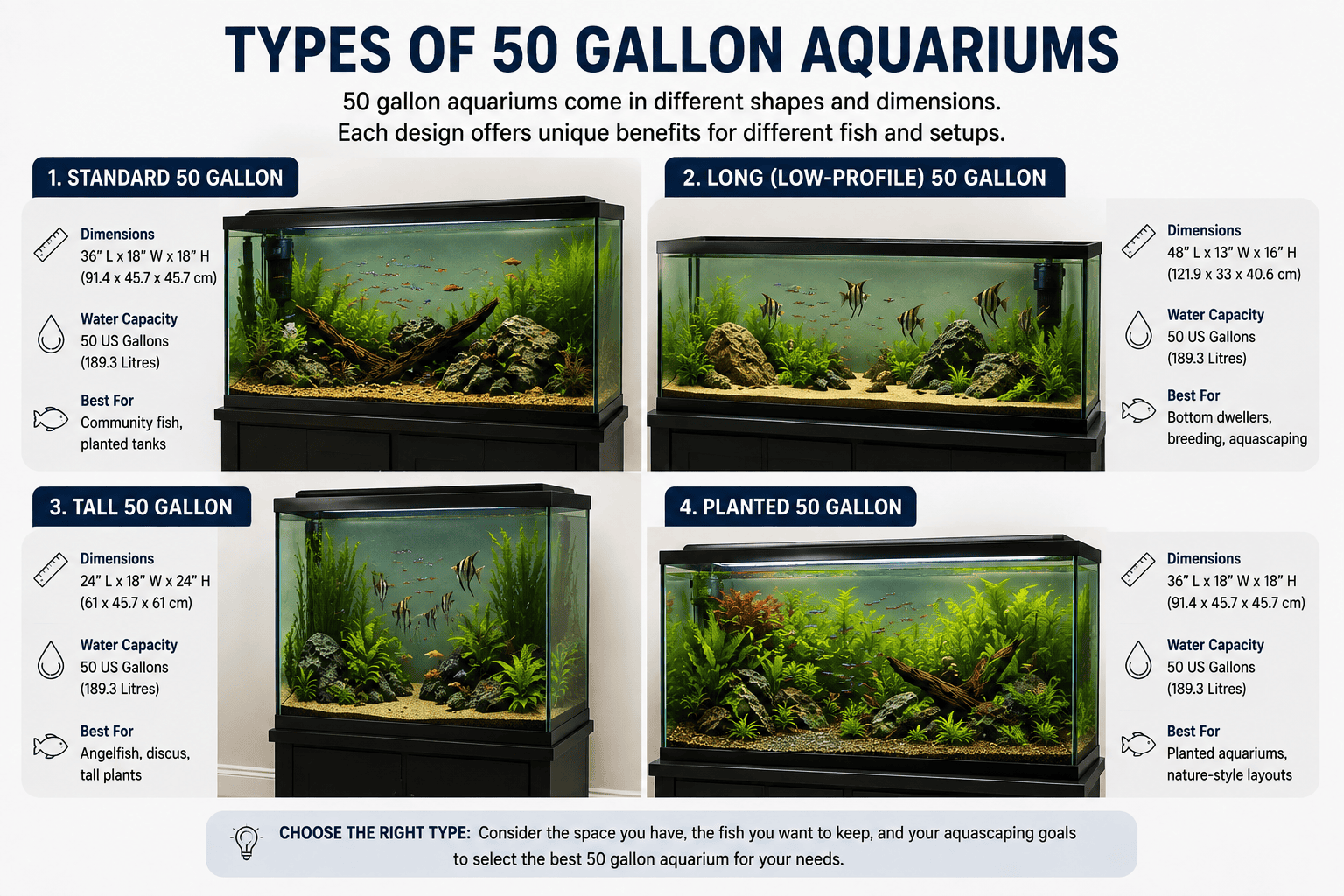 Types of 50 gallon aquariums showing standard, long, tall and planted tank designs