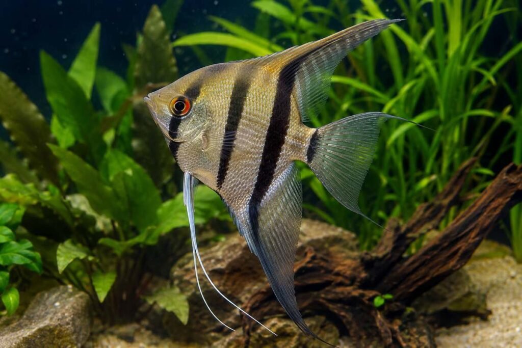 Angelfish (Pterophyllum scalare) swimming in a planted freshwater aquarium