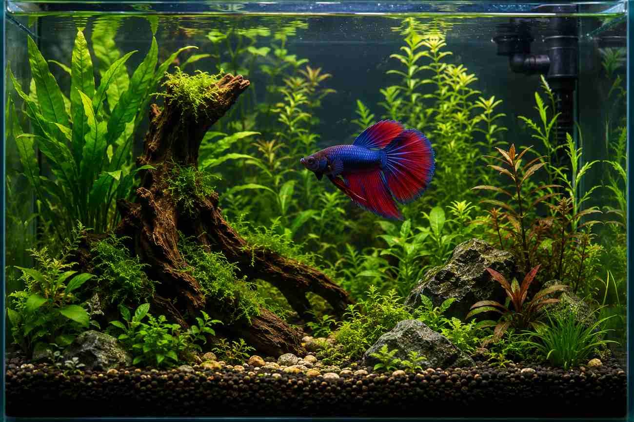 Betta fish displaying natural exploratory behaviour in a planted 5 gallon aquarium