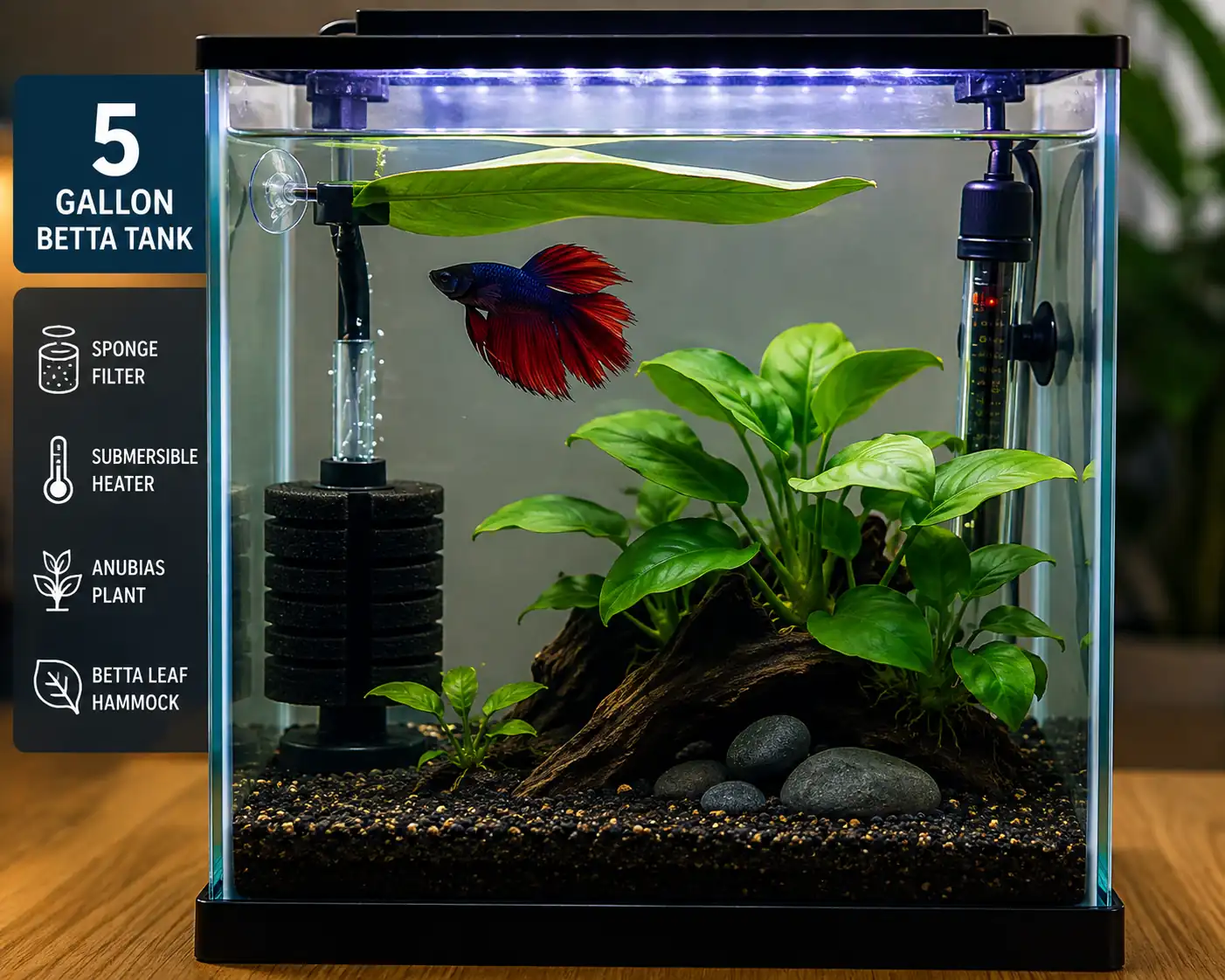 5 gallon betta fish tank with sponge filter, heater, Anubias plant and betta leaf hammock