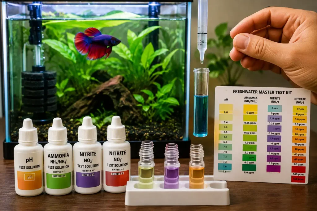Betta fish tank water testing with liquid test tubes for pH, ammonia, nitrite and nitrate